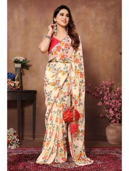 Pink Ethnic - Off White Floral Print Georgette Ready To Wear Saree with Unstitched Blouse