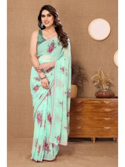 Pink Ethnic - Sea Green Floral Print Georgette Ready To Wear Saree with Unstitched Blouse