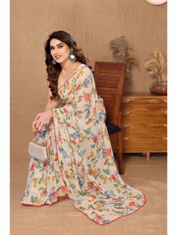 Pink Ethnic - Beige Floral Print Georgette Ready To Wear Saree with Unstitched Blouse