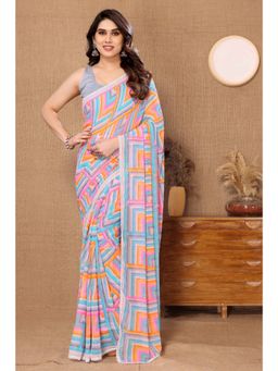 Pink Ethnic - Grey Printed Georgette Ready To Wear Saree with Unstitched Blouse