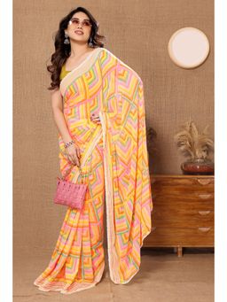 Pink Ethnic - Mustard Printed Georgette Ready To Wear Saree with Unstitched Blouse