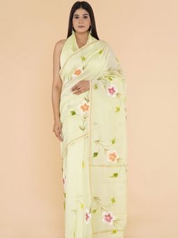 Sooti Syahi - Golden Elegance Hand Painted Chanderi Silk Cotton Saree with Unstitched Blouse