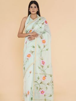 Sooti Syahi - Bright Silk Hand Painted Chanderi Silk Cotton Saree with Unstitched Blouse