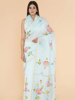 Sooti Syahi - Waves Of Gold Hand Painted Chanderi Silk Cotton Saree with Unstitched Blouse