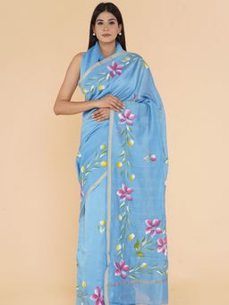 Sooti Syahi - Golden Sky Hand Painted Chanderi Silk Cotton Saree with Unstitched Blouse