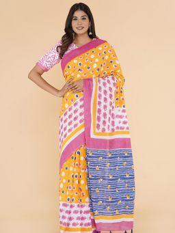 Sooti Syahi - Charming Chintz Block Printed Mulmul Cotton Saree with Unstitched Blouse