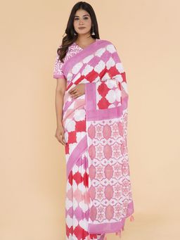 Sooti Syahi - Breezy Blossom Block Printed Mulmul Cotton Saree with Unstitched Blouse
