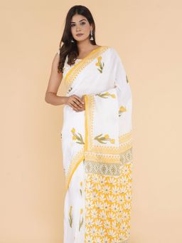 Sooti Syahi - Rustic Romance Block Printed Mulmul Cotton Saree with Unstitched Blouse
