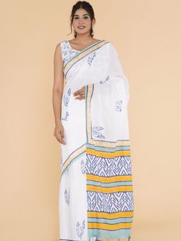 Sooti Syahi - Tranquil Textures Block Printed Mulmul Cotton Saree with Unstitched Blouse