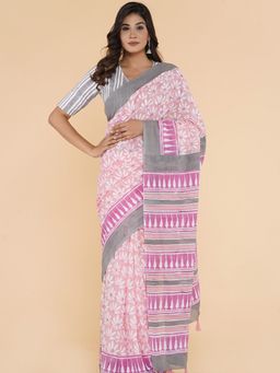 Sooti Syahi - Everyday Elegance Block Printed Mulmul Cotton Saree with Unstitched Blouse