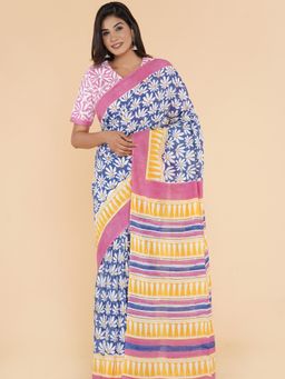 Sooti Syahi - Nature's Whisper Block Printed Mulmul Cotton Saree with Unstitched Blouse