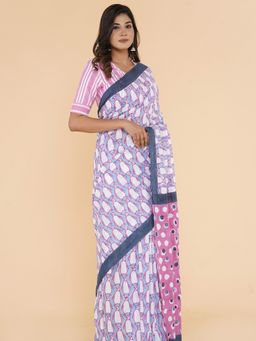 Sooti Syahi - Cotton Dreams Block Printed Mulmul Cotton Saree with Unstitched Blouse