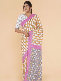 Sooti Syahi - Lush Landscapes Block Printed Mulmul Cotton Saree with Unstitched Blouse