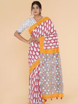 Sooti Syahi - Dappled Sunshine Block Printed Mulmul Cotton Saree with Unstitched Blouse