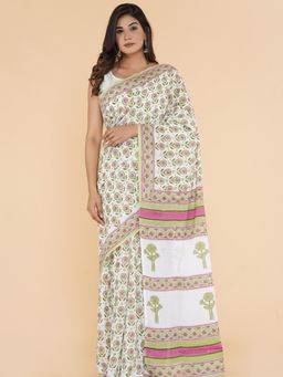 Sooti Syahi - Joyful Journeys Block Printed Mulmul Cotton Saree with Unstitched Blouse