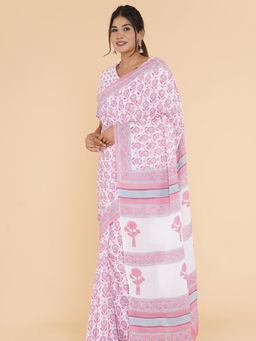 Sooti Syahi - Wanderlust Weaves Block Printed Mulmul Cotton Saree with Unstitched Blouse