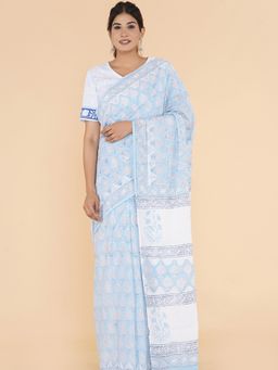 Sooti Syahi - Gentle Waves Block Printed Mulmul Cotton Saree with Unstitched Blouse