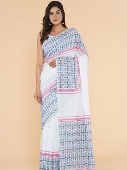 Sooti Syahi - Ethereal Essence Block Printed Mulmul Cotton Saree with Unstitched Blouse
