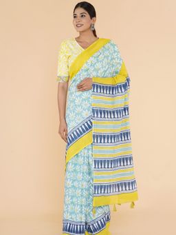 Sooti Syahi - Calm Canvas Block Printed Mulmul Cotton Saree with Unstitched Blouse