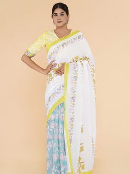 Sooti Syahi - Folk Flair Block Printed Mulmul Cotton Saree with Unstitched Blouse