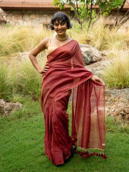 Suta - Maroon Cotton Blend Striped Design Ready To Wear Saree with Unstitched Blouse