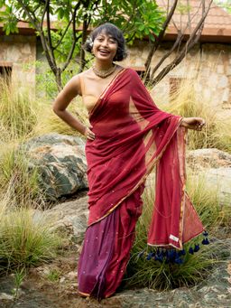 Suta - Maroon Pure Cotton Embroidered Design Ready To Wear Saree with Unstitched Blouse