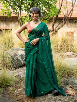 Suta - Green Pure Cotton Embellished Design Ready To Wear Saree with Unstitched Blouse