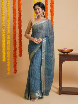 Teejh - Indigo Dream Block Print Chiffon Saree with Unstitched Blouse