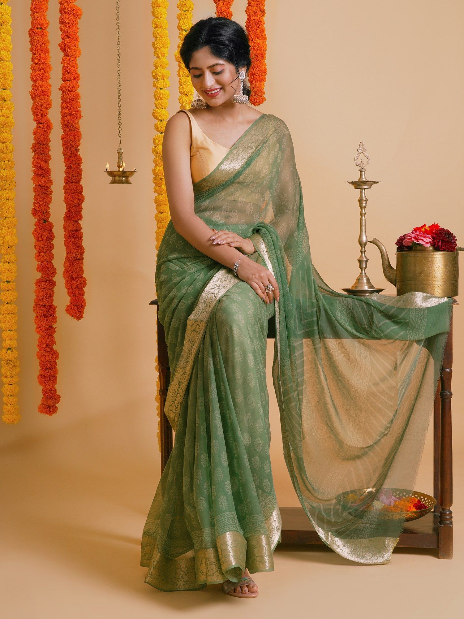 Green Oasis Block Print Chiffon Saree with Unstitched Blouse-image-8