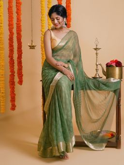 Teejh - Green Oasis Block Print Chiffon Saree with Unstitched Blouse