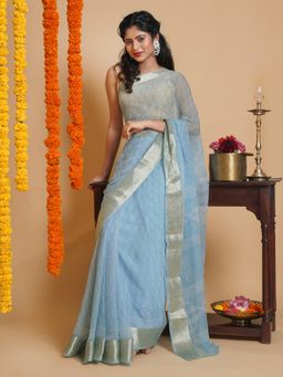 Teejh - Azure Sky Blue Block Print Chiffon Saree with Unstitched Blouse