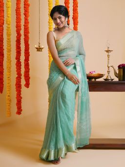 Teejh - Tranquil Turquoise Block Print Chiffon Saree with Unstitched Blouse