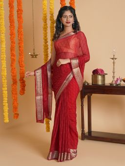 Teejh - Majestic Red Block Print Chiffon Saree with Unstitched Blouse