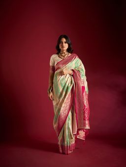 Elora - Pure Soft Silk Banarasi Weaving Saree Cream and Sea Green with Unstitched Blouse