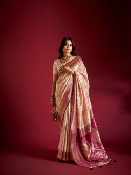 Elora - Pure Soft Silk Banarasi Weaving Saree Cream and Light Pink with Unstitched Blouse