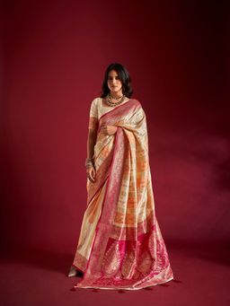 Elora - Pure Soft Silk Banarasi Weaving Saree Cream and Orange with Unstitched Blouse