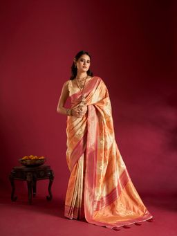 Elora - Pure Soft Banarasi Weaving Silk Saree Cream and Orange with Unstitched Blouse