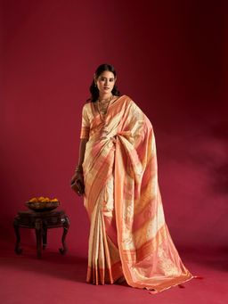 Elora - Pure Soft Banarasi Weaving Silk Saree Cream and Pink with Unstitched Blouse
