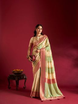 Elora - Pure Soft Banarasi Weaving Silk Saree Cream and Sea Green with Unstitched Blouse