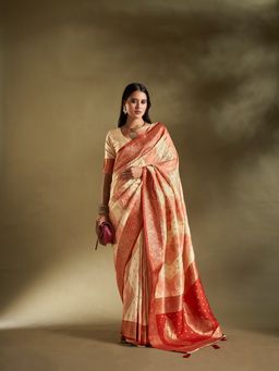 Elora - Pure Soft Silk Woven Designed Banarasi Saree Cream and Red with Unstitched Blouse