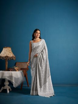 Elora - Soft Linen Silk Chikhankhari Weaved Border Designer Saree Dove Grey with Unstitched Blouse