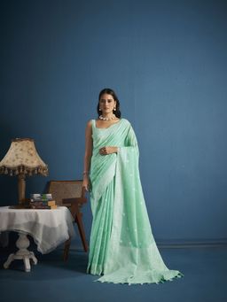 Elora - Soft Linen Silk Chikhankhari Weaved Border Designer Saree Light Green with Unstitched Blouse