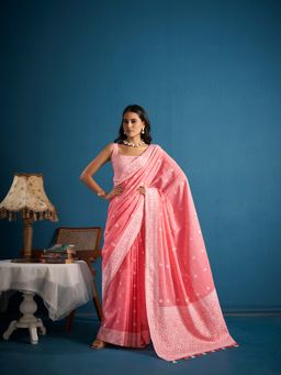 Elora - Soft Linen Silk Chikhankhari Weaved Border Designer Saree Pink with Unstitched Blouse