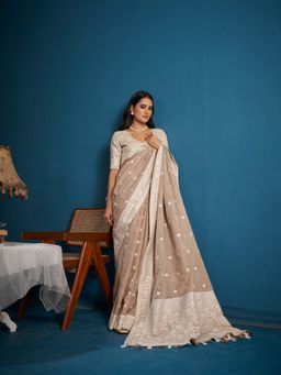 Elora - Soft Linen Silk Chikhankhari Weaved Border Designer Saree Light Brown with Unstitched Blouse