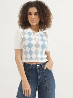 United Colors of Benetton - White Collar Neck Argyle Polo T-Shirt