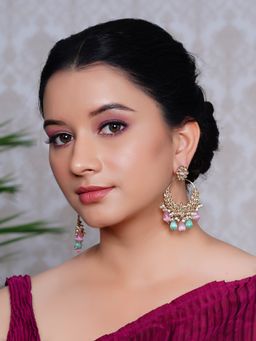 Designbox - Antique Finish Chandbali Earrings with Stones and Pink- Sage Green Color Beads