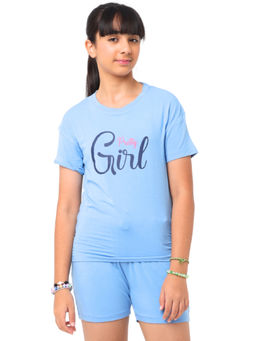 Nuego - Girls Blue Typography Modal T-shirt & Shorts