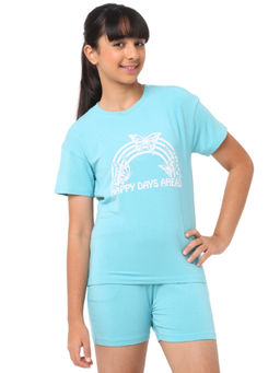Nuego - Girls Turquoise Print Modal T-shirt & Shorts
