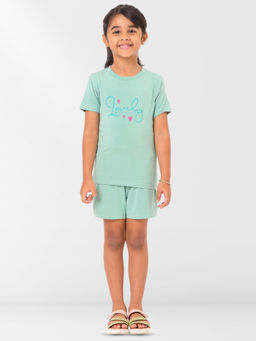 Nuego - Girls Green Typography Modal T-shirt with Shorts