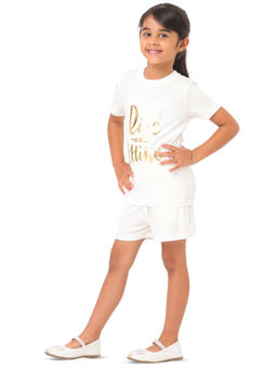 Nuego - Girls White Typography Modal T-shirt & Shorts